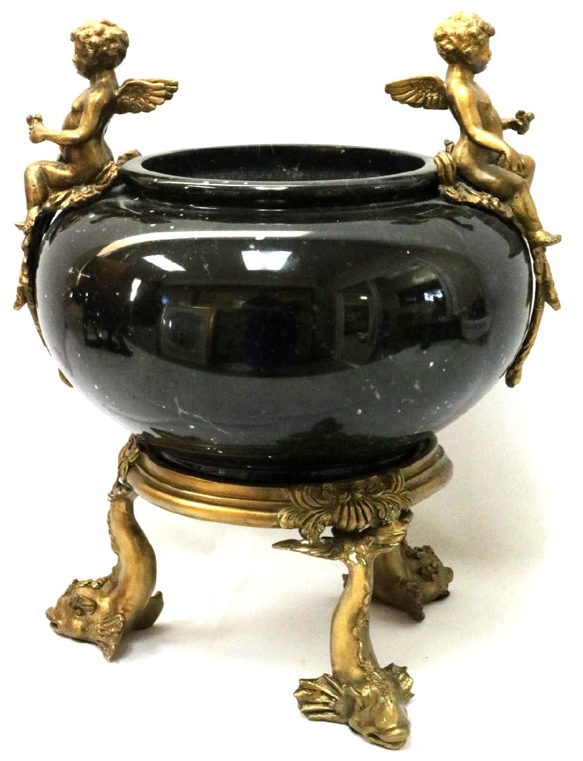 Large Black Marble & Cherub Bronze Bowl on Pedestal (1 of 5)