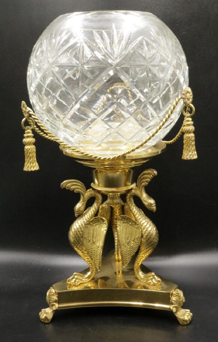 French Style Brass & Crystal Bowl Vase: French Style Brass & Crystal Bowl Vase. Bird motif. Measures - 14" high x 7" diameter. With tassels.