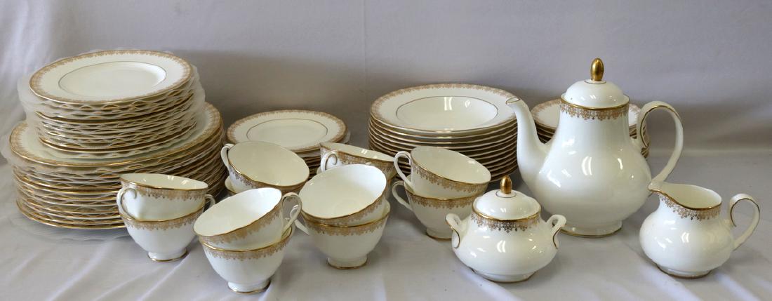 75 Pc. Royal Doulton "Gold Lace" Bone China Set: 75 Pc. Royal Doulton "Gold Lace" Bone China Set. 12 dinner plates - 10 1/2", 12 salad plates - 8", 12 cream soup bowls - 8", 12 bread and butter plates - 6 1/2", 12 saucers - 6", 12 cups - 2 1/2" High