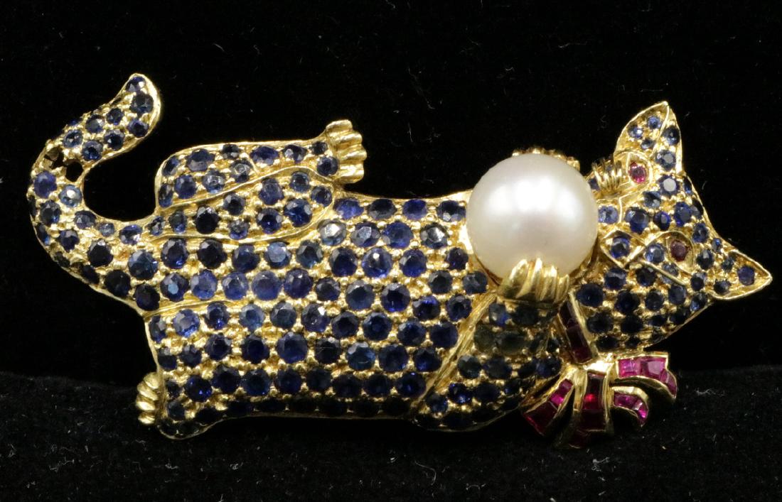 18Kt YG Sapphire, Ruby & Pearl Cat Brooch (1 of 4)