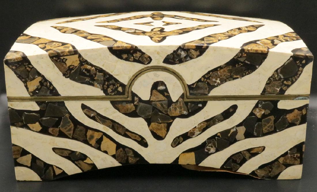Inlaid Stone & Brass Trim Box: Inlaid Stone & Brass Trim Box. Measures - 15" long x 7" high. Zebra pattern.
