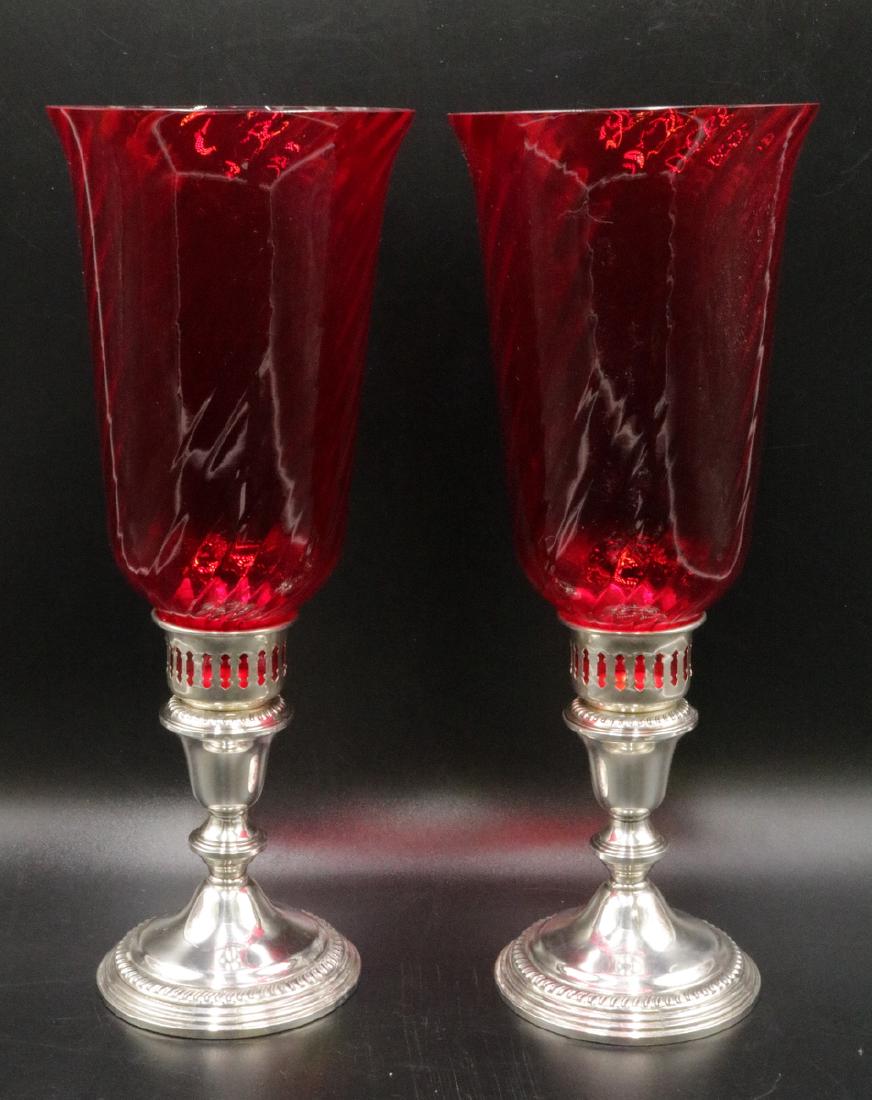 Pair of Empire Weighted Sterling & Ruby Glass Hurricane (1 of 5)
