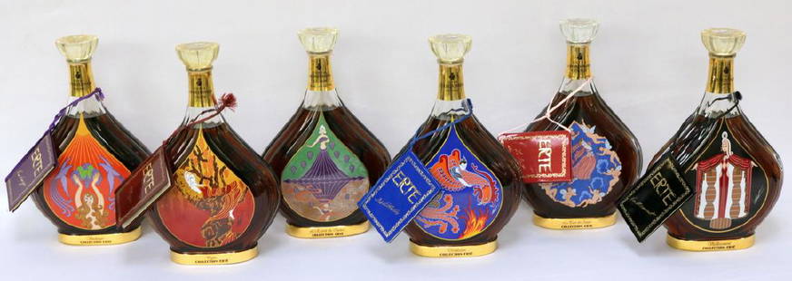 Set of 6 Erte Courvoisier Cognac Bottles: Set of 6 Unopened Erte (Russian 1892-1990) Courvoisier Cognac Bottles. Set of 6 of 8 collection. Five bottles have original hang tags, one tag is missing for "L' Espirit du Cognac" bottle. The set