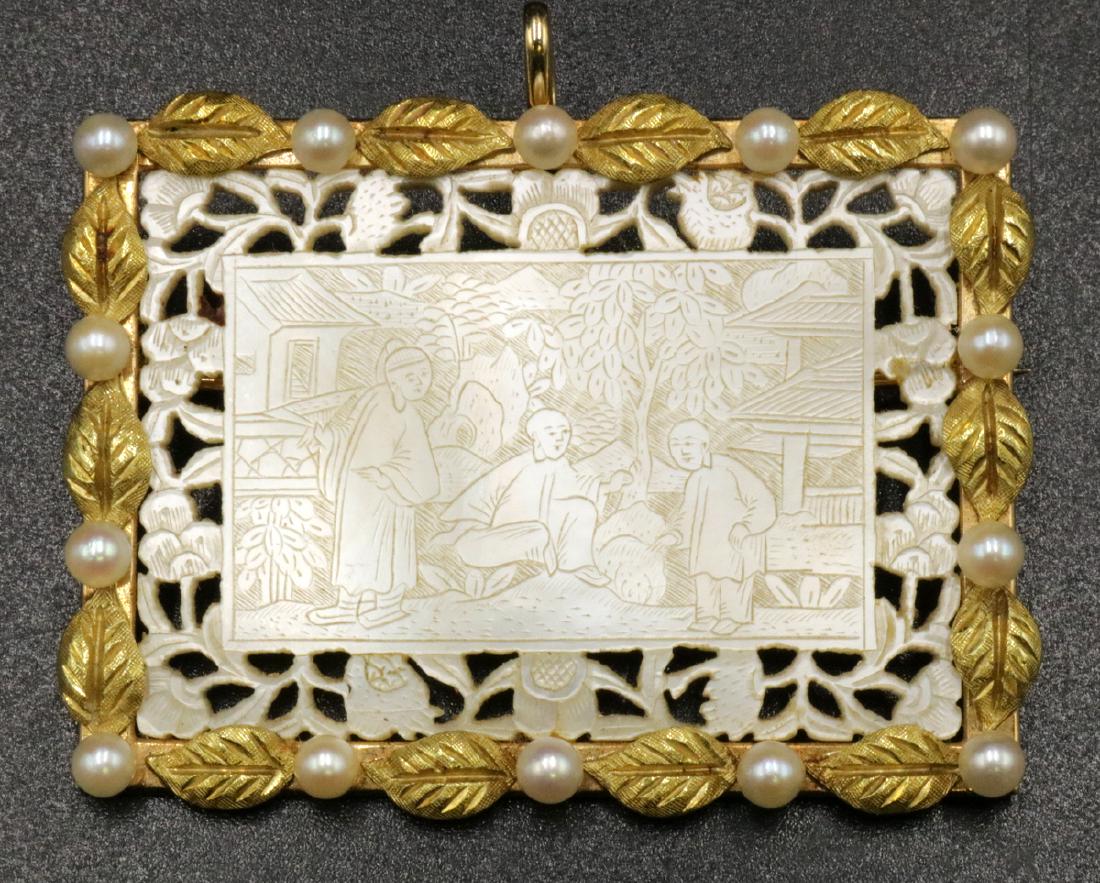 14Kt YG & Carved MOP & Pearl Reticulated Pendant (1 of 3)