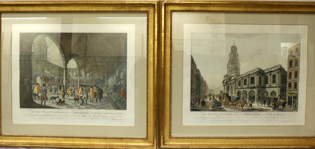 Francesco Bartolozzi "Royal Exchange" Colored: Francesco Bartolozzi "Royal Exchange" Colored Engravings. After J. Chapman and Lutherburgh, View of inside and outside of Royal Exchange in London with Honorable William Pitt, First Lord Commisioner o