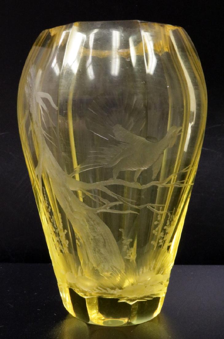 Vintage Moser Yellow Art Glass Vase: Vintage Moser Yellow Art Glass Vase. With intaglio turkey pattern. Measures - 5 3/4" high x 3 1/2" wide.