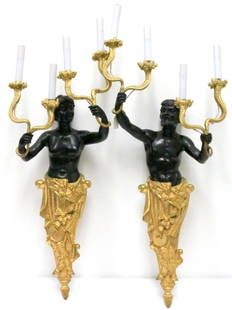 Pair of French Empire Dore Bronze Sconces: Pair of Heavy French Empire/Neoclassical Style Dore Bronze Figural Candelabra Sconces. Male - 37" high x 15" wide, female - 34 1/2" high x 12 1/2" wide.