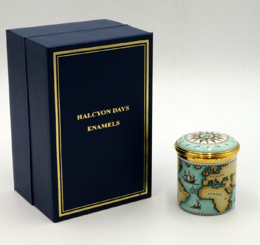 Halcyon Days Enamels Porcelain Pill Box: Halcyon Days Enamels Porcelain Pill Box. With original box and booklet. Measures - 2" high.