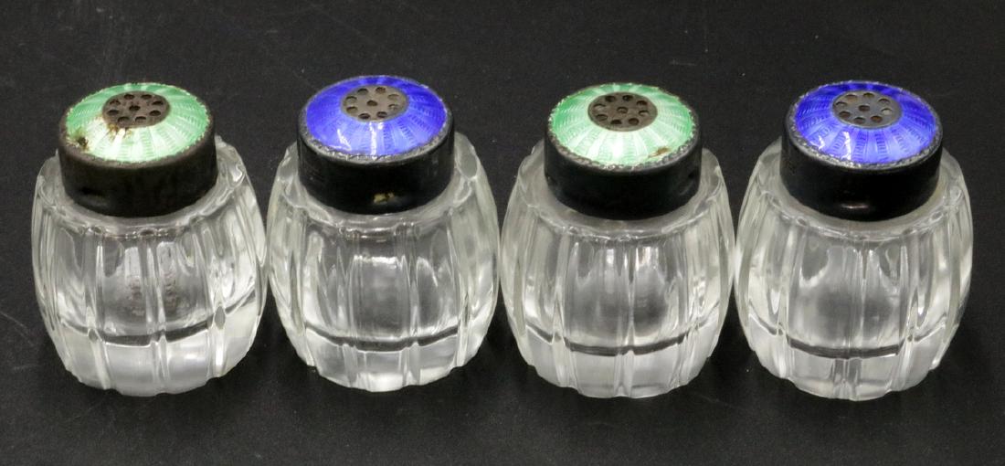 4 Pc. Denmark Enamel Sterling & Glass Shakers: 4 Pc. Denmark Enamel Sterling & Glass Shakers. Measures - 1 1/2" high.