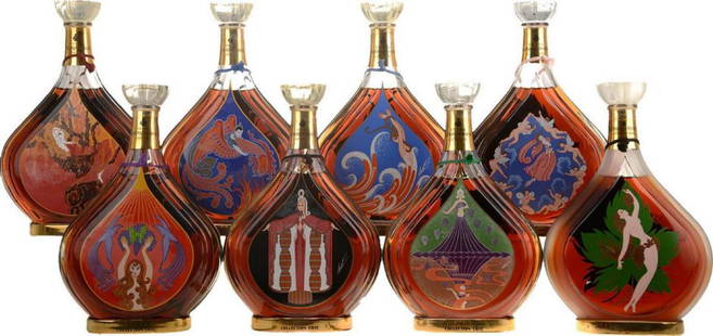 Rare Set of 8 Erte Courvoisier Cognac Bottle Collection: The Complete Set of 8 Unopened Erte (Russian 1892-1990) Courvoisier Cognac Bottle Collection. With original boxes and clear plastic box sleeves. All eight bottles have original hang tags, This set con