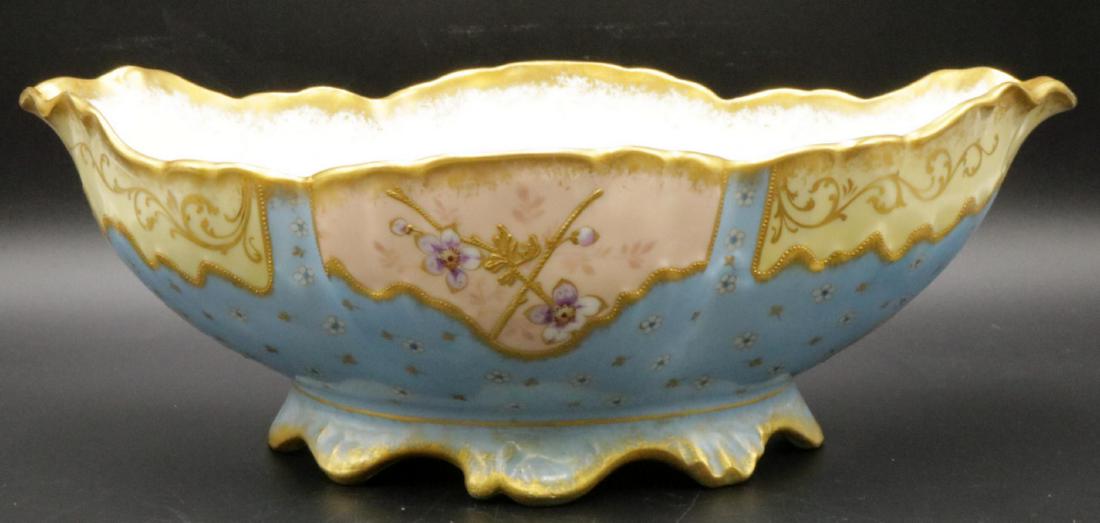 Antique French Wm Guerin & Co. Limoges Porcelain Footed: Antique, 19th Century French William Guerin & Co. Limoges Hand Painted, Gilt Beaded Porcelain Footed Bowl. Floral motif throughout. Measures - 4 1/2" high x 12 1/2" long x 8 1/4" deep.