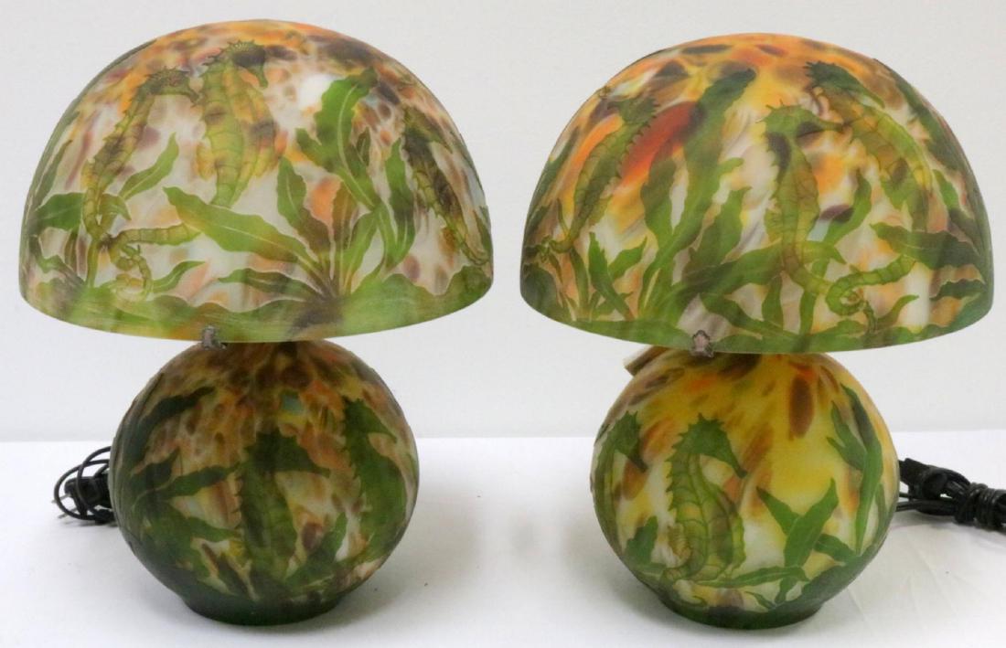 After Galle Cameo Glass Lamps: After Galle Cameo Glass Lamps, depicting sea horses. Measures - 15 1/2" high x 12" diameter.