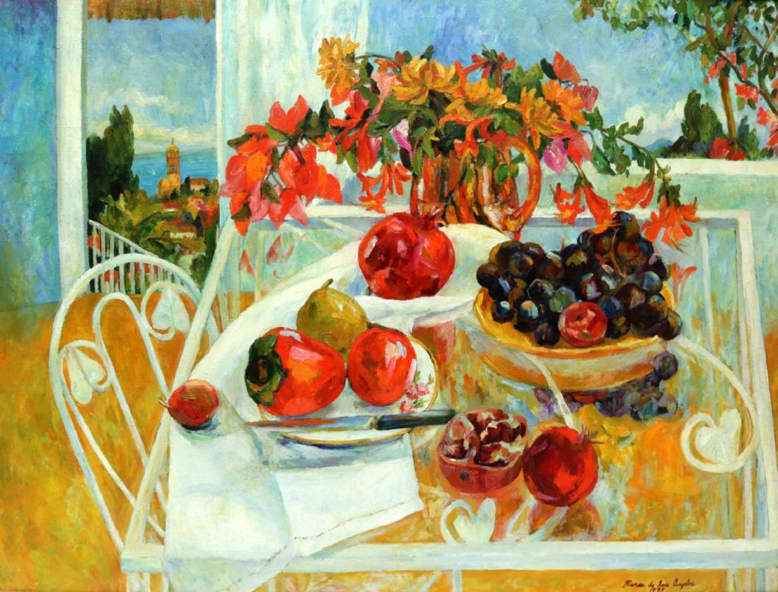 Signed Maria de Los Angeles Oil on Canvas: Signed Maria de Los Angeles Oil Painting on Canvas. Measures - 39 1/2" wide x 29 1/2" High, total with frame - 47 1/2" wide x 37 1/2" high. Depicting a still life table filled with fruit and flowers.
