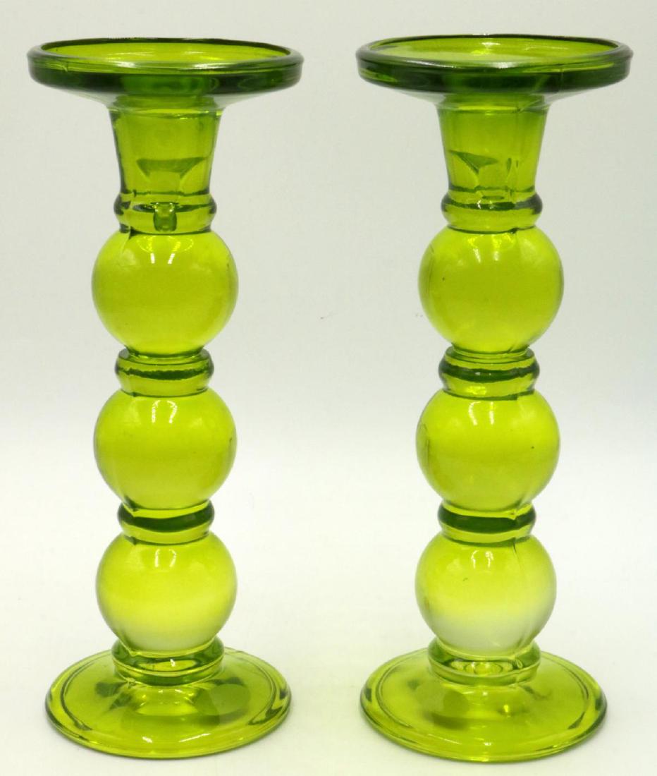Franco Italian Green Art Glass Candlesticks: Franco Italian Green Art Glass Candlesticks. Measures - 9 1/2" high x 3 5/8" diameter.