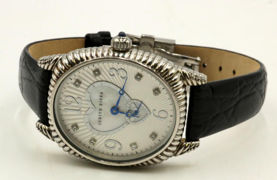 Judith Ripka Sterling & Black Leather Watch: Judith Ripka Sterling Silver & Black Leather Watch, with mother of pearl face.