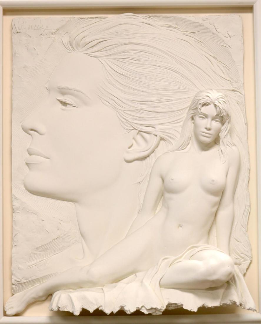 Bill Mack (American b. 1949) "Envision" Wall Sculpture: Beautiful Bill Mack (American b. 1949) "Envision" Nude 3-D Sand Wall Sculpture, Framed. Numbered 74/95. Measures - 40 1/4" x 49 1/2", with frame - 50 3/4" x 60". A complex sculpture featuring a large 