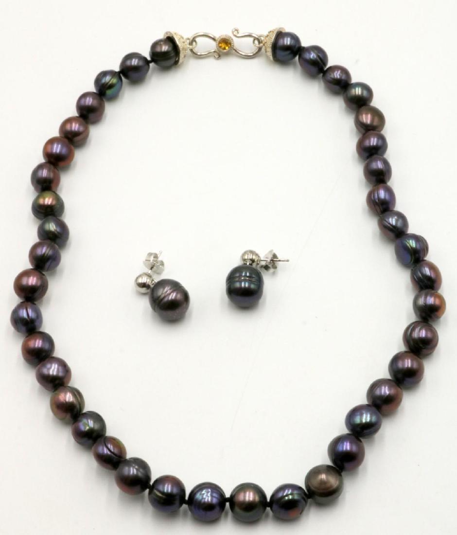 Black Tahitian Pearl Suite: Black Tahitian Pearl Necklace & Earrings Suite. Necklace measures - 18" long.