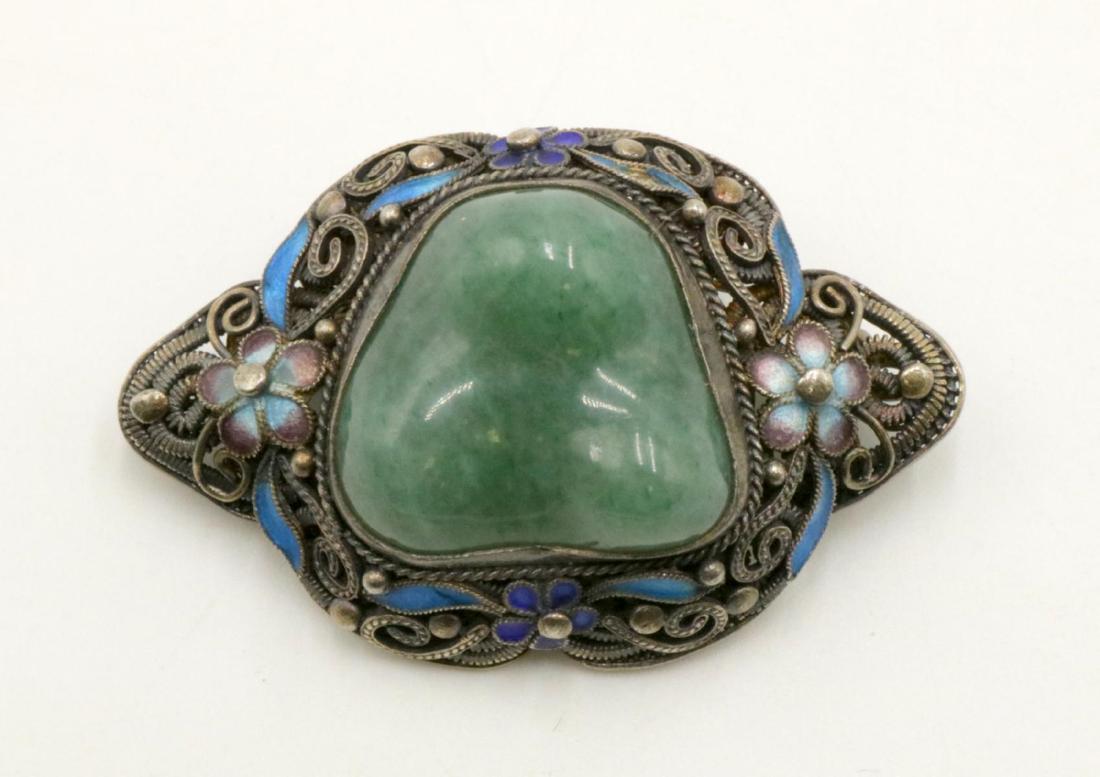 Antique Chinese Jade Silver & Enamel Pin: Antique Chinese Jade Silver & Enamel Pin. Weight - 13.2 grams. Approx. measures - 1 1/2" long.