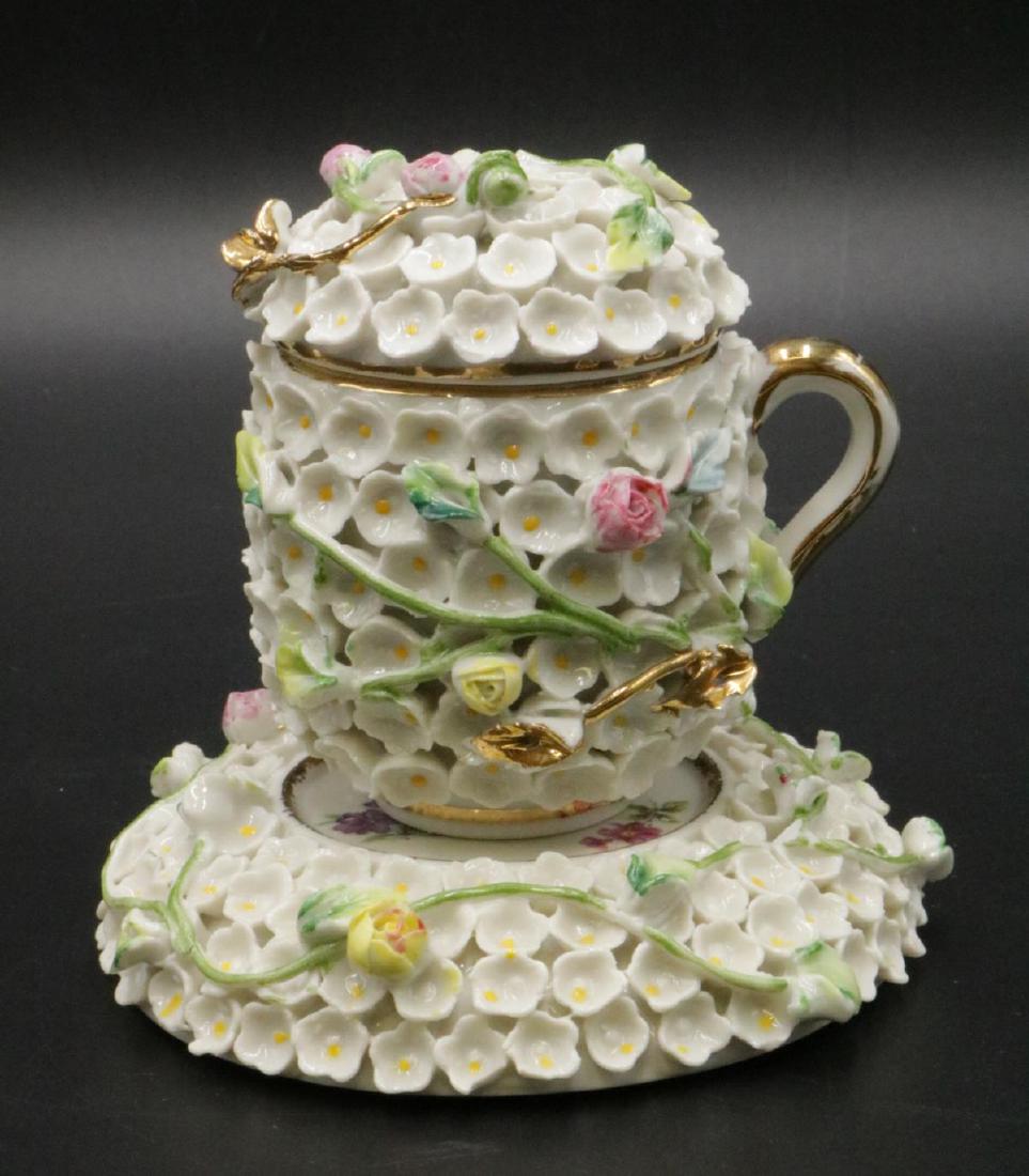 European Hand Painted Porcelain Covered Cup & Saucer (1 of 3)