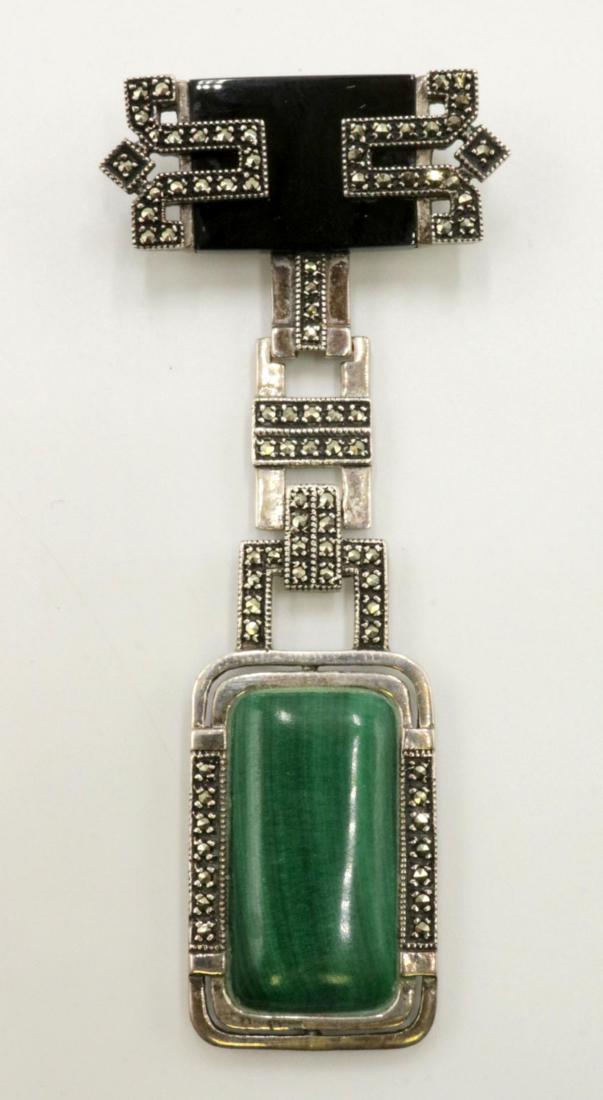 Sterling, Black Onyx, Malachite & Marcasite Pin: Sterling Silver , Black Onyx, Malachite & Marcasite Pin. Measures - 3 1/8" long. Weight - 20.3 grams.