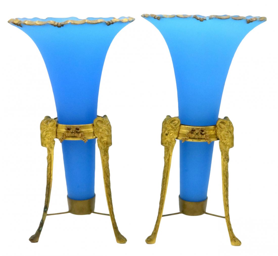19th C. French Bronze & Blue Frosted Opaline Epergnes: Pair of Antique, 19th Century French Ram's Head Bronze Ormolu & Blue Frosted Opaline Epergnes. With hoove feet and ribbons. Measures - 11" high x 6 7/8" wide.
