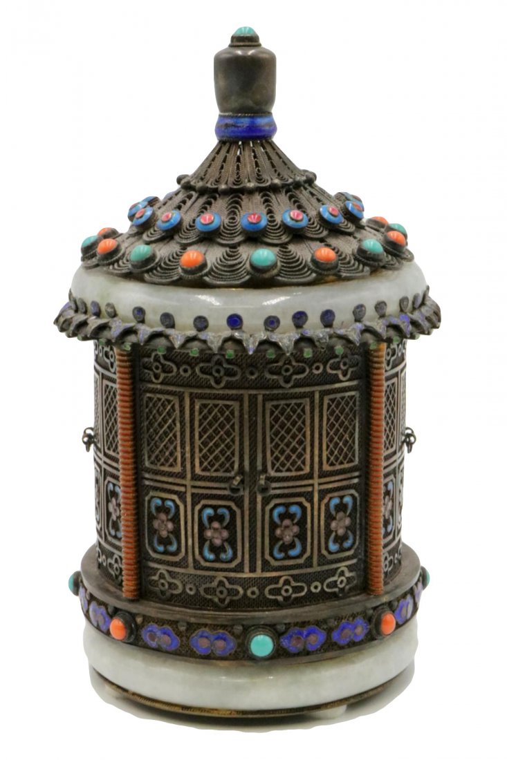 Rare Chinese Silver, Jade, Enamel Jar (1 of 6)
