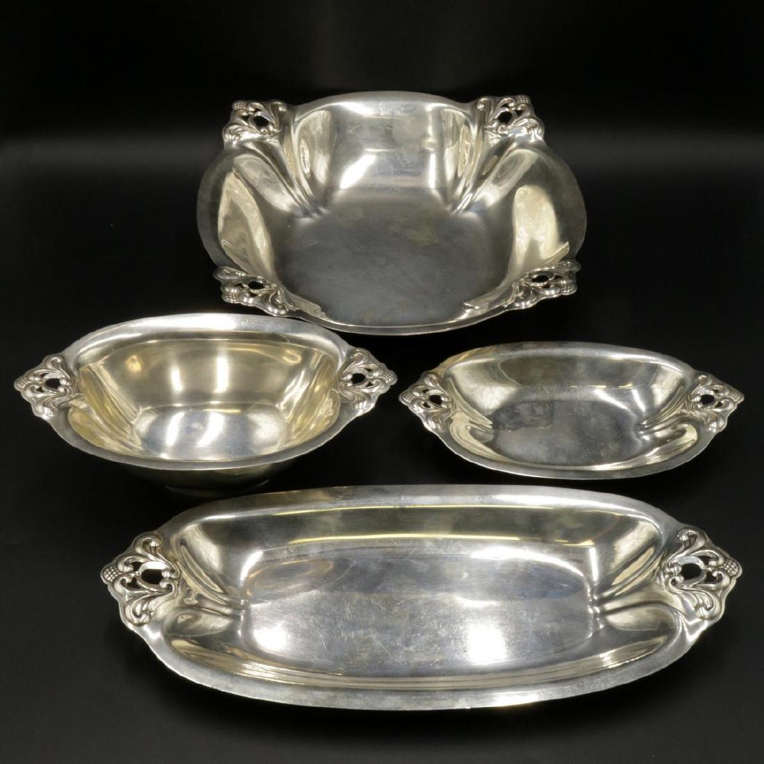 4 Pc. International "Royal Danish" Sterling Serving: 4 Pc. International "Royal Danish" Sterling Silver Serving Dishes. Measures - 8" long x 4 1/2", 8 1/4" long x 4 3/4" wide x 2 3/4" high, 13" long x 5 3/4" wide, 11 3/4" square x 2 3/4" high. Total app
