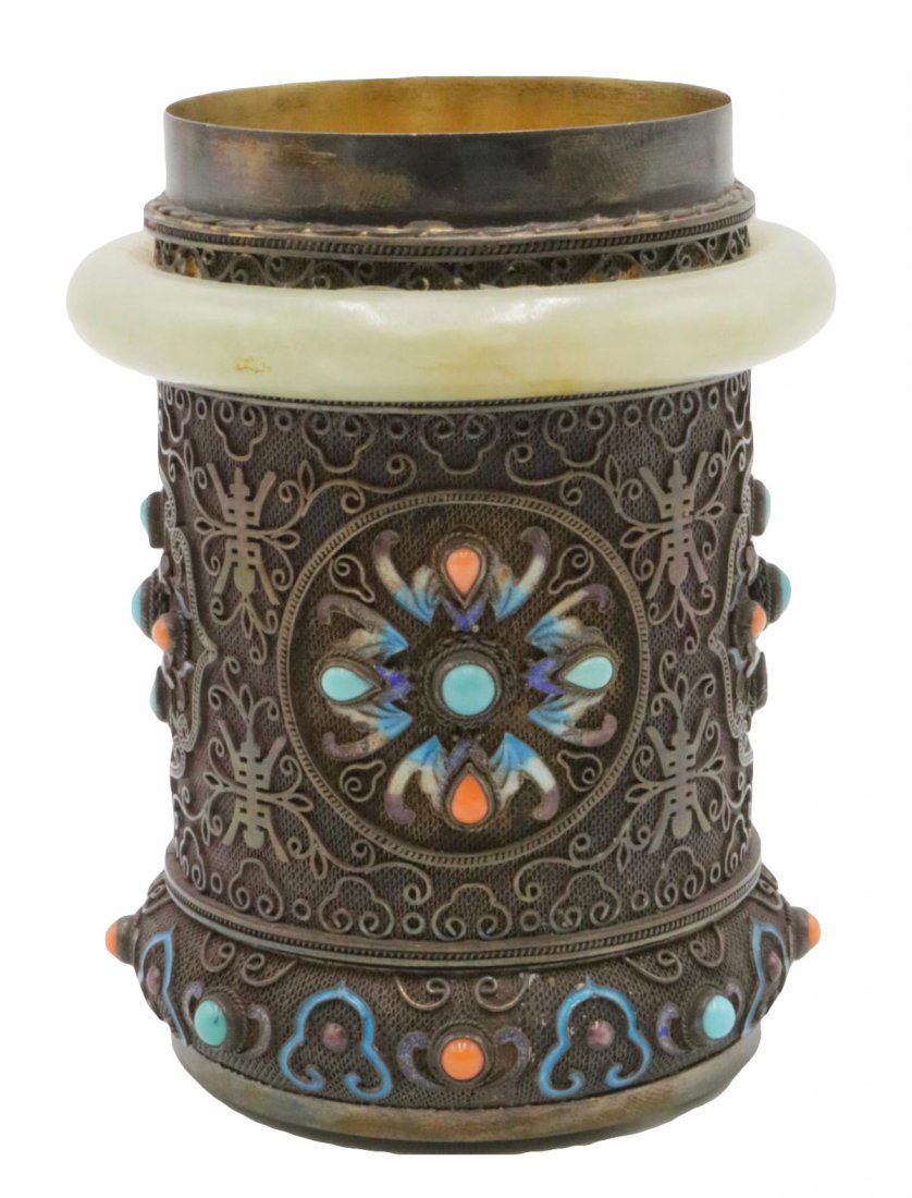 Chinese Silver, Jade, Enamel Cup (1 of 4)