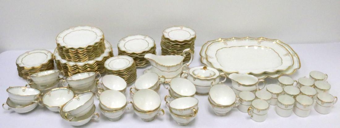 Rare 110 Pc. Royal Crown Derby "Lombardy" China Service: Rare 110 Pc. Royal Crown Derby "Lombardy" Bone China Service Set. With beautiful gilt painted scalloped edge, turquoise beading. This set contains 9 dinner plates (one plate has a chip), 11 salad plat