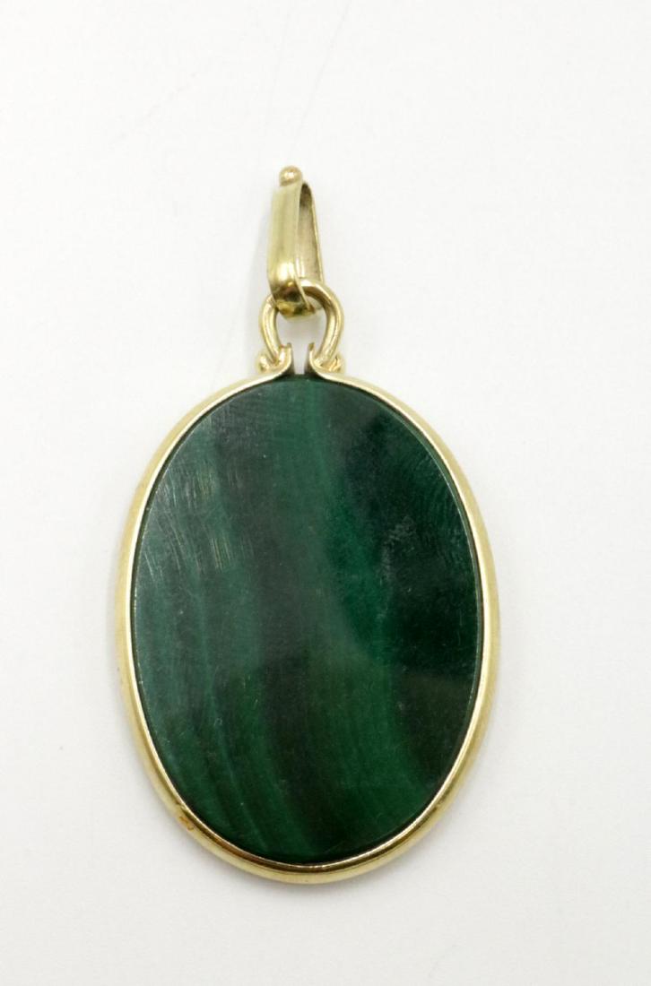 14Kt & Malachite Pendant: 14Kt Yellow Gold & Malachite Pendant. Measures - 2" long. Weight - 6.3 dwt.
