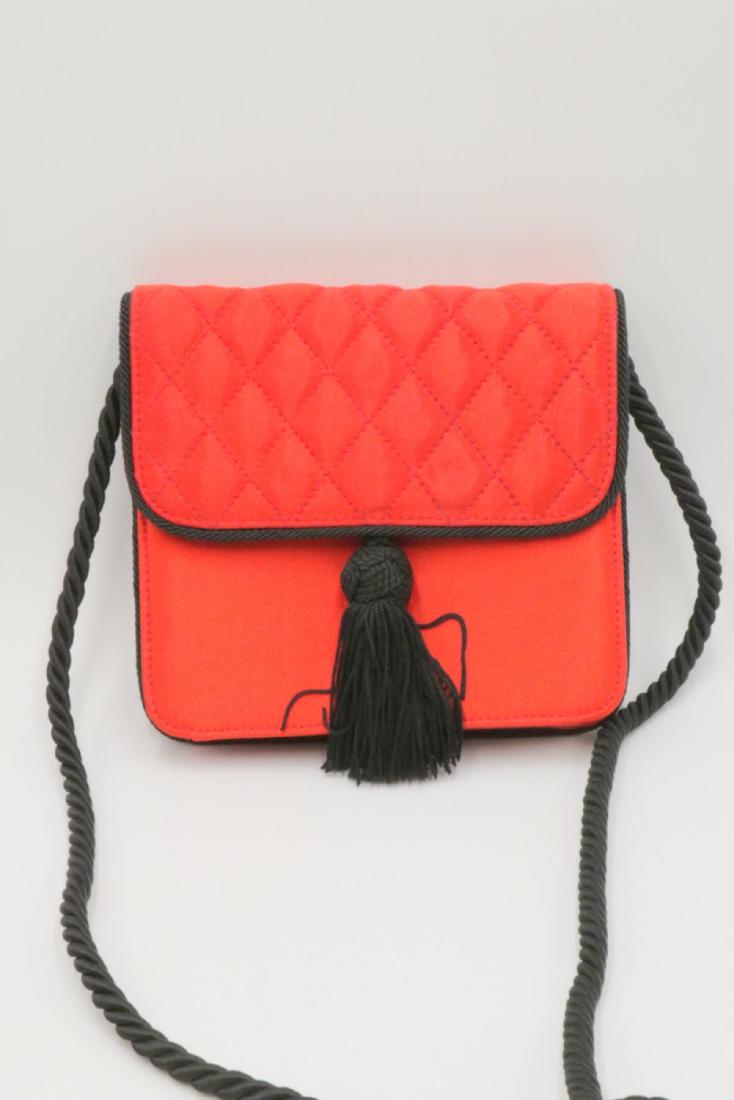 Escada Red & Black Small Purse: Escada Red & Black Small Quilted Satin Purse. Measures - 5 5/8" high x 6" wide.