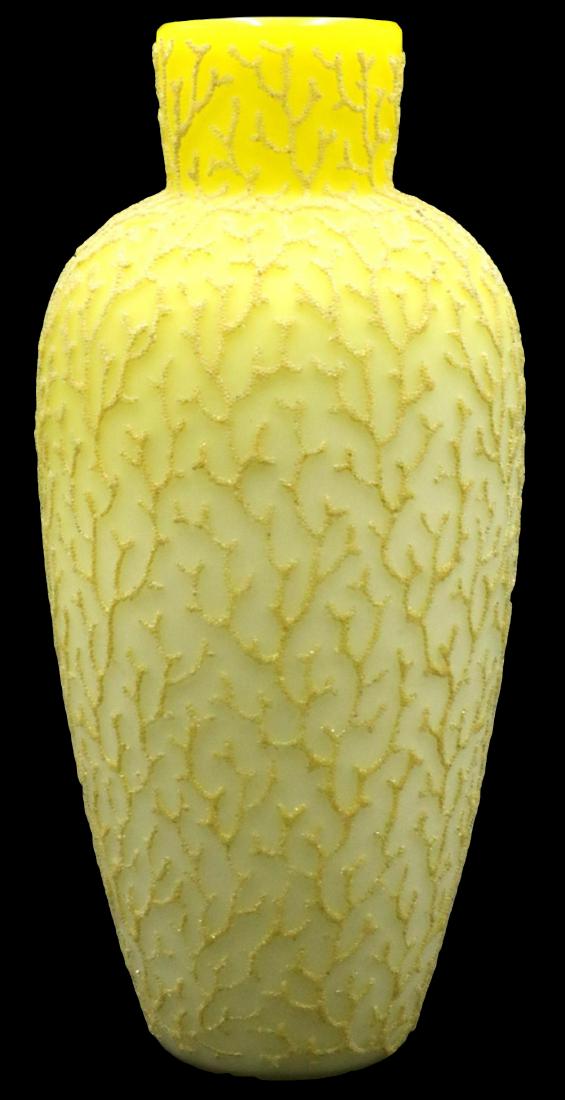 Rare Thomas Webb Mt. Washington "Coralene" Vase: Large, Rare Thomas Webb Mt. Washington "Coralene" Yellow & White Vase. Finely detailed beaded design of coral throughout. Measures - 10 3/4" high x 5" diameter.