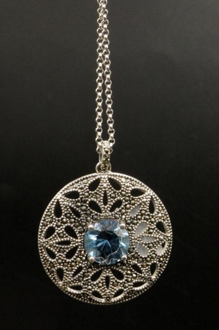 Sterling & Marcasite Pendant w/ Necklace: Sterling Silver & Marcasite Pendant w/ Necklace. Pendant - 1 1/4" diameter, necklace - 16" long. Weight - 11.9 grams.