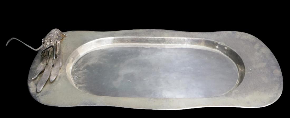 Unique Large Silver Plated Lobster Tray: Unique Large Silver Plated Hand Crafted Lobster Tray. In the style of Franco Lagini. Illegible signature on bottom. Fine detail on lobster. Measures - 8 3/4" high to top of lobster, 27 1/4" long x 14"