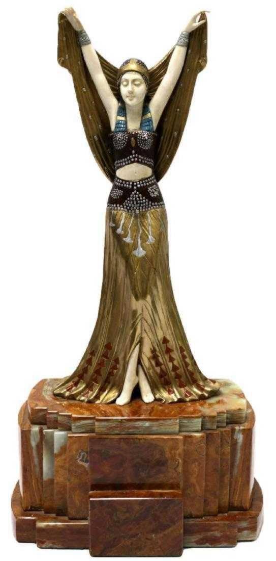 Attr. to Demetre Chiparus (Romanian 1886-1947) Bronze: A cold painted Art Deco bronze sculpture attributed to Demetre Chiparus from the Edmond Etling & Cie foundry in Paris. Features a 1920s theater dancer in full costume in a multi colored bronze. Incred