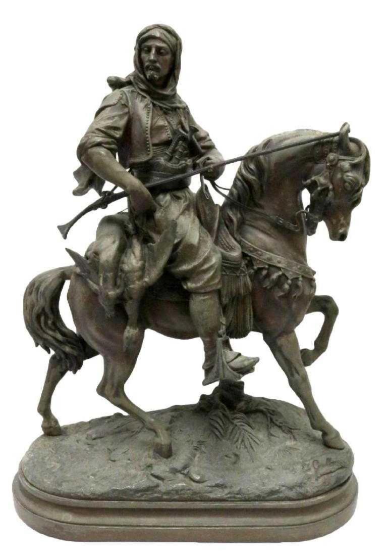 Barye & Guillemin "Return from the Hunt" Spelter: Large, Late 19th Century, Alfred Barye (French 1839-1882) & Emile Coriolan Hippolyte Guillemin (French 1841-1907) "Return from the Hunt" Spelter Sculpture. Depicting a Arab warrior (hunter) coming hom