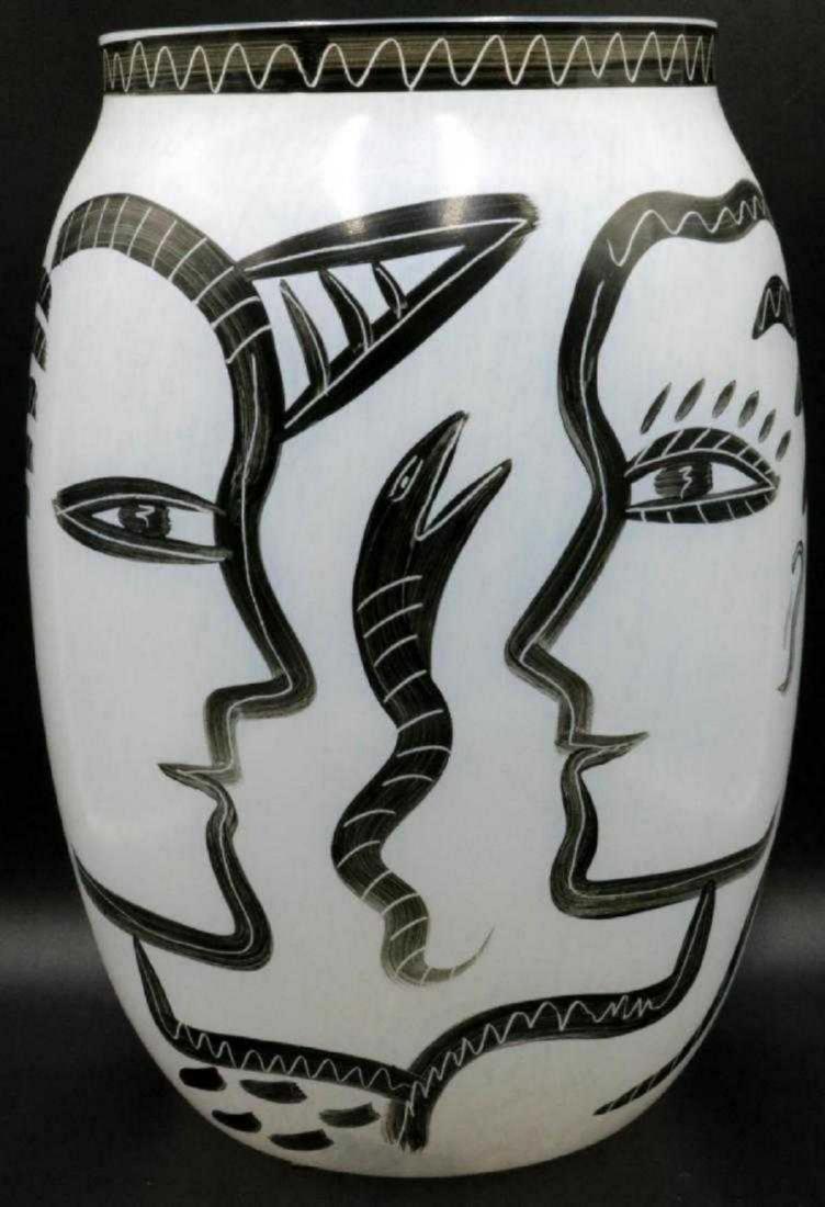 Kosta Boda "Adam & Eve" Art Glass Vase: Kosta Boda Adam & Eve, Serpent White and Black Art Glass Vase. Measures - 13 1/2" high x 10" diameter.