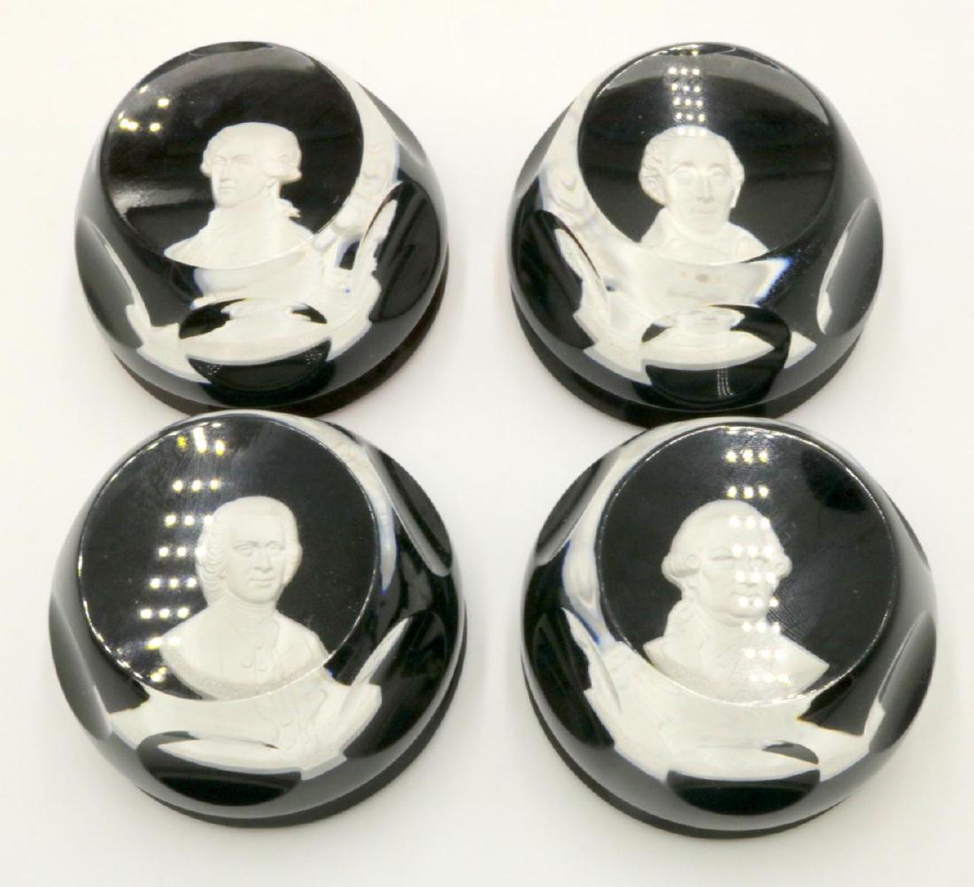 4 Pc. Franklin Mint, Baccarat Art Glass Paperweights: 4 Pc. Franklin Mint, Baccarat Art Glass Paperweights. Admiral de Grasse, Jean Jacques Rousseau Baron de Montesquieu, Marquis de Lafayette. Measures - 2 7/8" wide.