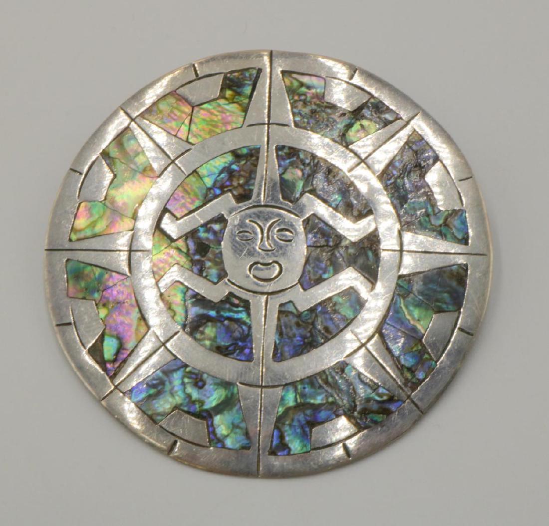 Taxco Abalone & Sterling Sun Dial Brooch: Taxco Abalone & Sterling Silver Sun Dial Brooch. Measures - 2 3/8' diameter. Weight - 14.9 grams.