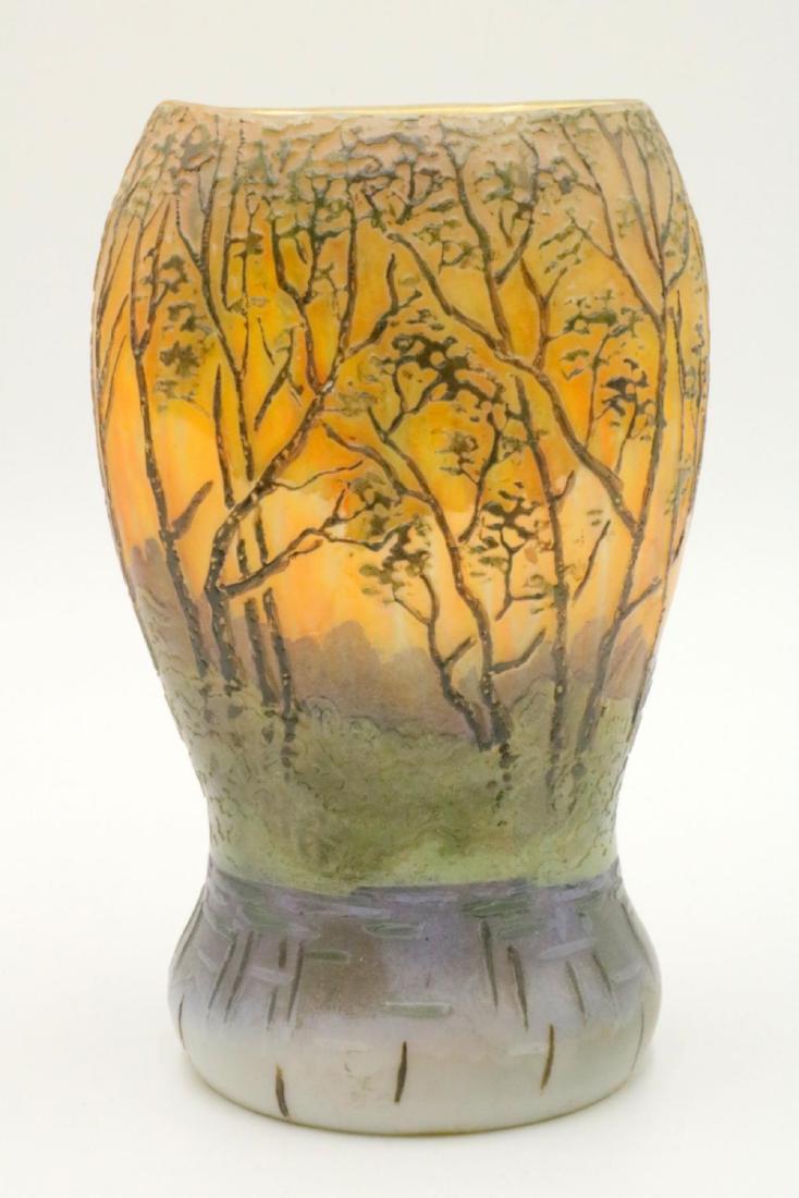 August Legras Enameled Cameo Glass Vase: August (Auguste) Legras Enameled Cameo Glass Vase. Depicting a landscape scene. Signed near base. Measures - 5 1/2" high x 3 1/2" wide.