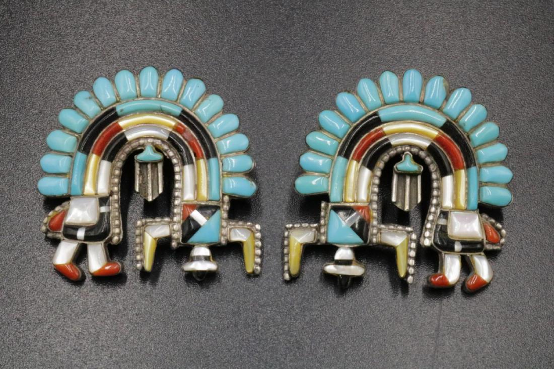 Native American Turquoise, MOP & Onyx Sterling Earrings: Native American Turquoise, Mother of Pearl, Coral & Black Onyx Sterling Silver Earrings. Weight - 17.3 grams. Measures - 1 1/2" wide.