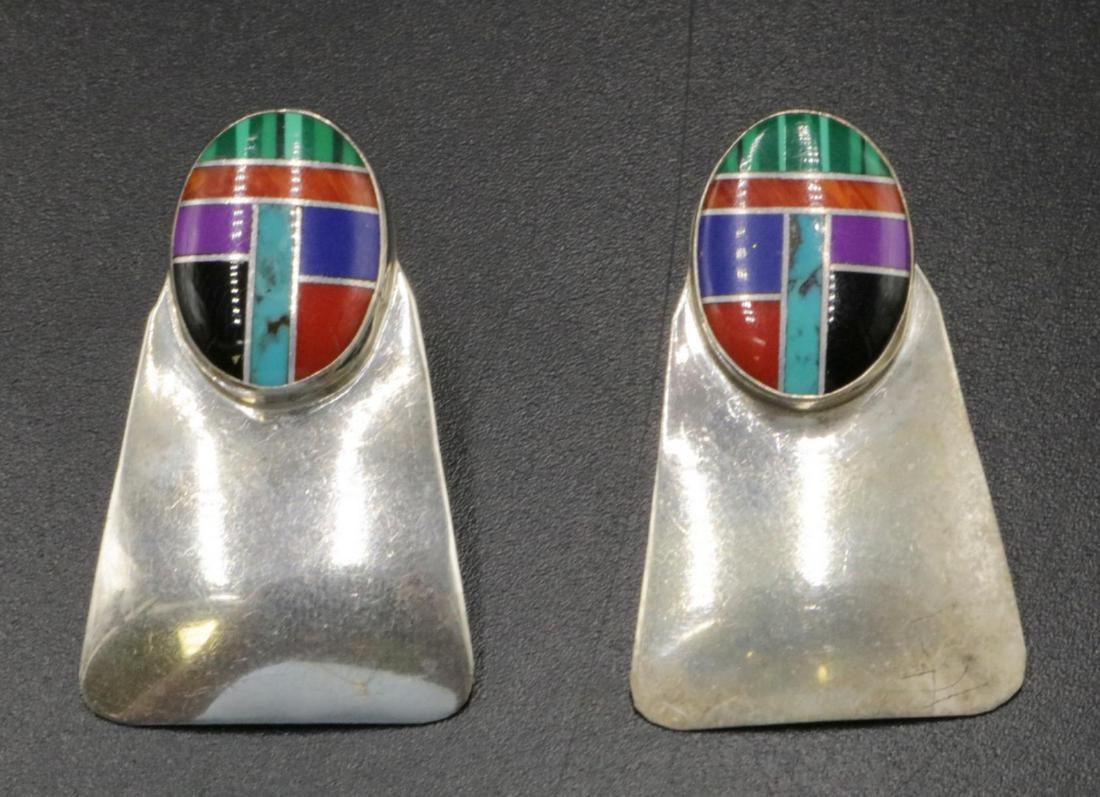 Navajo E. Yazzie Sterling Earrings: Navajo E. Yazzie Malachite, Turquoise, Coral, Black Onyx & Lapis Sterling Silver Earrings. Weight - 9.3 grams. Measures - 1 1/2" long.