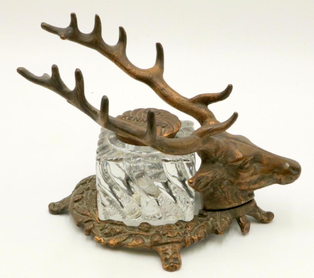 C.D. Kenny Co. Bronze & Glass Inkwell: C.D. Kenny Co. Bronze & Glass Inkwell. Depicting a deer. Measures - 5" high x 7 1/4" long.