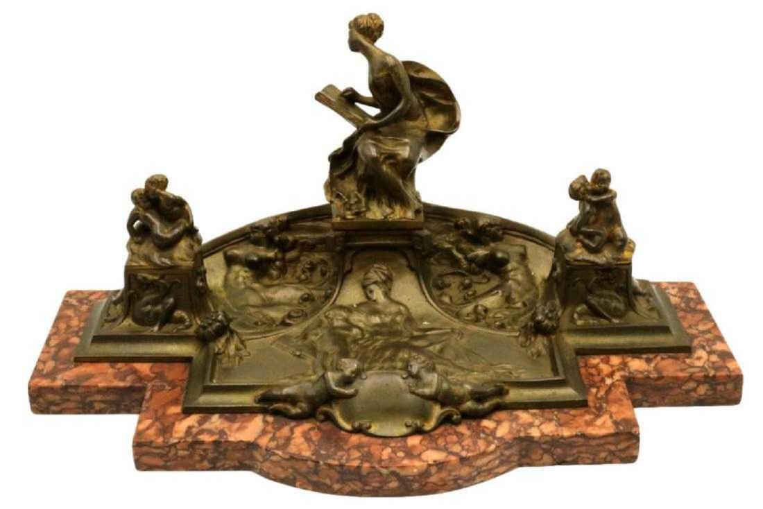 Antique Art Nouveau Bronze & Marble Inkwell: Antique, Early 20th Century Art Nouveau Figural Bronze & Red Marble Inkwell. Depicting a woman surrounded by cherubs/putti/putto. Excellent detail throughout. Not with original glass inserts. Measures