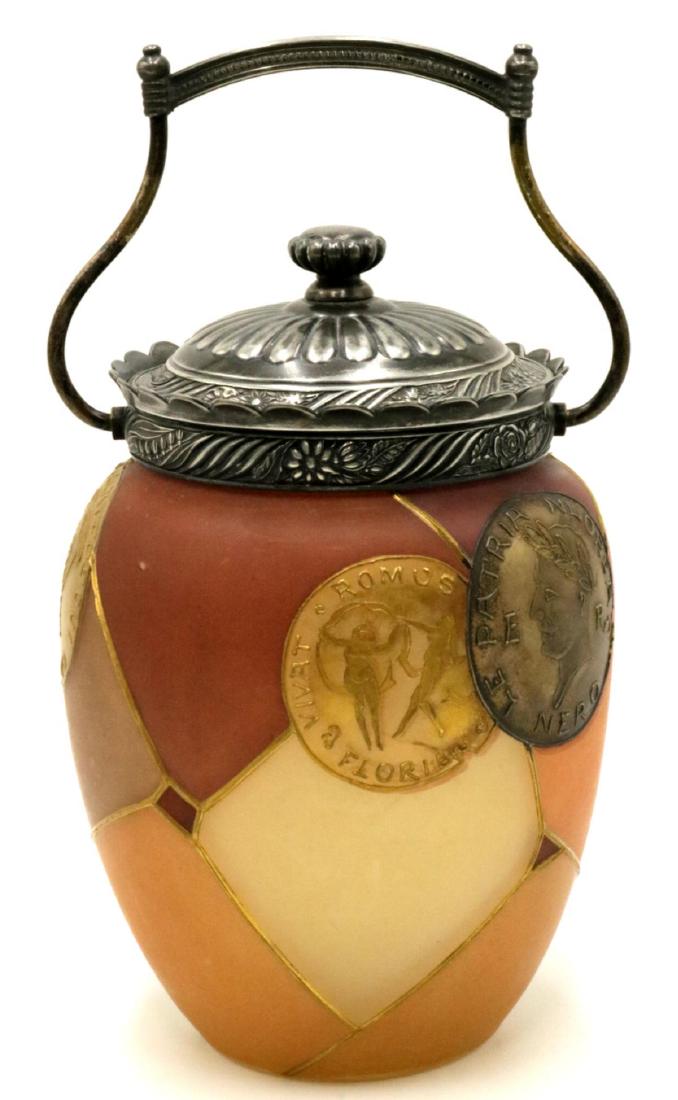 Victorian Pairpoint & Mt. Washington Biscuit Jar: Victorian Pair Point Silver Plated & Mt. Washington Art Glass Biscuit Jar. Beautifully detailed with medallions on glass. Measures - 9 3/4" high with handle x 5 1/4" diameter.