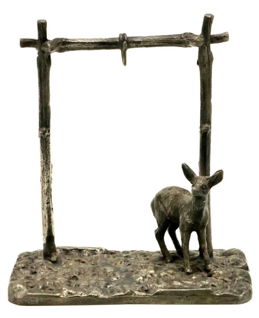19th C. Pairpoint Silver Plated Watch Stand: Antique, Late 19th Century Pair Point Silver Plated Watch Stand. Depicting a deer. Measures - 5 1/4" high x 4 5/8" wide x 2 1/4" deep.