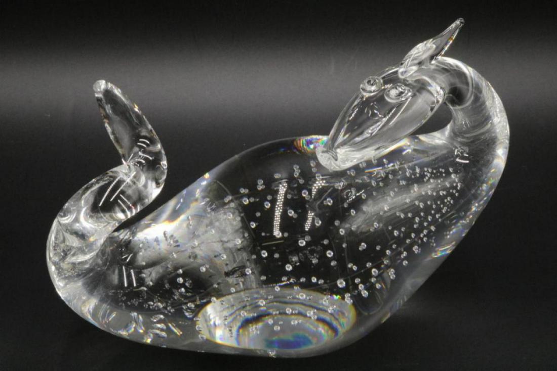 Steuben "Dragon" Crystal Sculpture: Steuben "Dragon" Crystal Limited Edition Sculpture. Numbered #355/600. Measures - 5" high x 7 1/4" long. With original box and dust bag. With bubble designed body, designed by Bernard X. Wolff. Very s