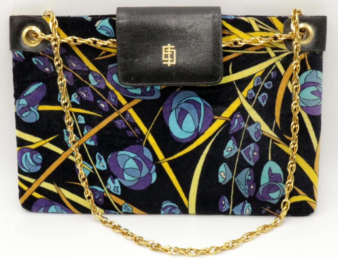 Vintage 70's Emilio Pucci Velvet & Leather Purse: Vintage 70's Emilio Pucci Velvet & Leather Purse. With gold hardware. Measures - 12" wide x 20" high to strap.