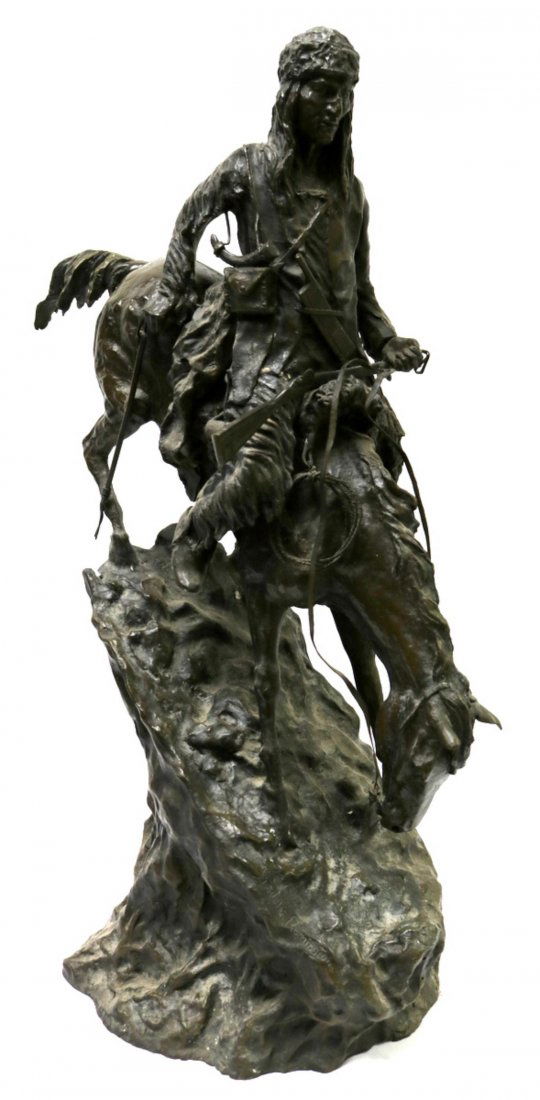 After Frederic Remington "Mountain Man" Bronze Sculptur: Vintage, After Frederic Remington "The Mountain Man" Bronze Sculpture. Depicting a Native American on a horse going down a mountain. Signed on base. Measures - 31 1/2" high x 22" wide x 12 1/2" deep.