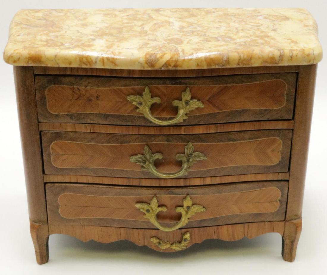 Antique Miniature Marble & Wooden Commode: Antique French Style Miniature Marble & Inlaid Wooden Bronze Handles 3-Drawer Commode. Measures - 8" high x 11" wide x 6 1/4" deep.